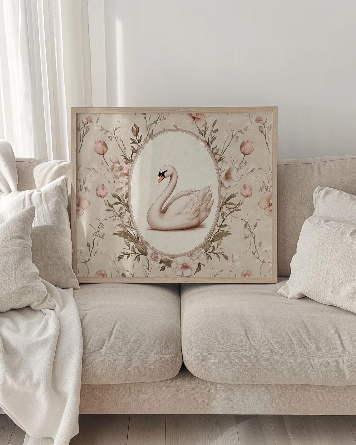Graceful White Swan Oval Medallion Blush Floral Pattern Wall Print - Image 2