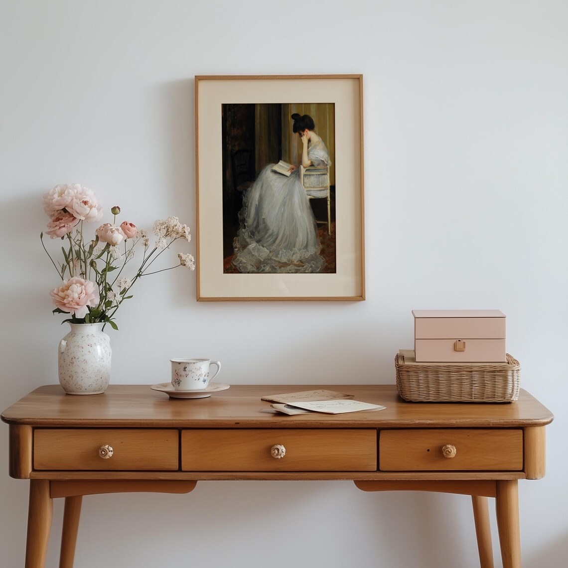 Classic Oil Painting of a Woman Reading in White Dress Poster - Image 4