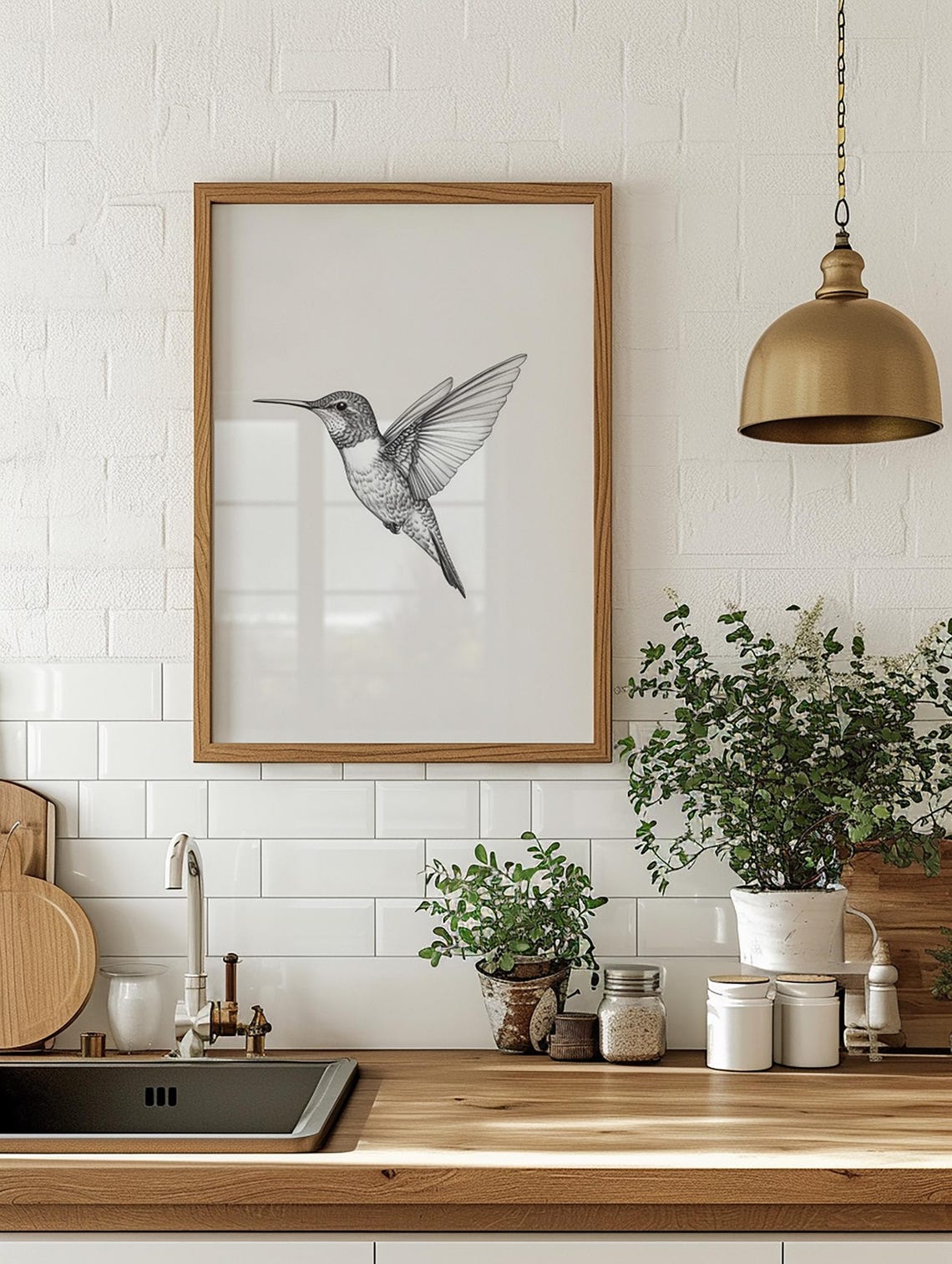 Monochrome Hummingbird in Flight Detailed Pencil Sketch Poster
