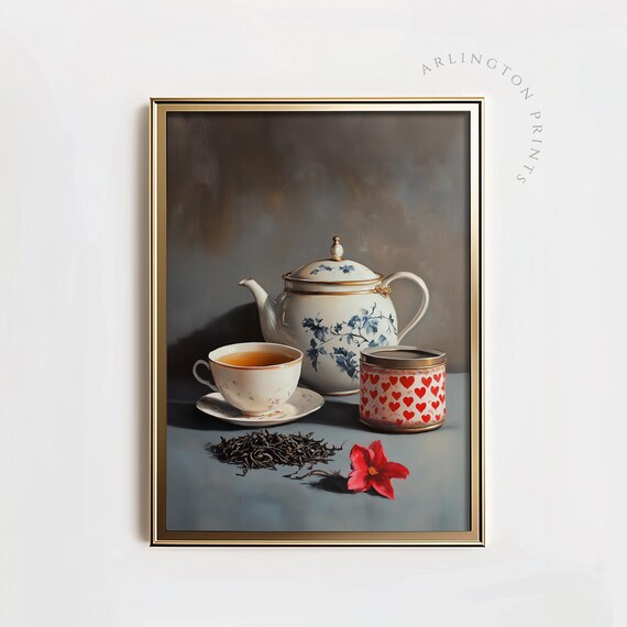 Rustic Muted Tea Set, Vintage Style Kitchen Art