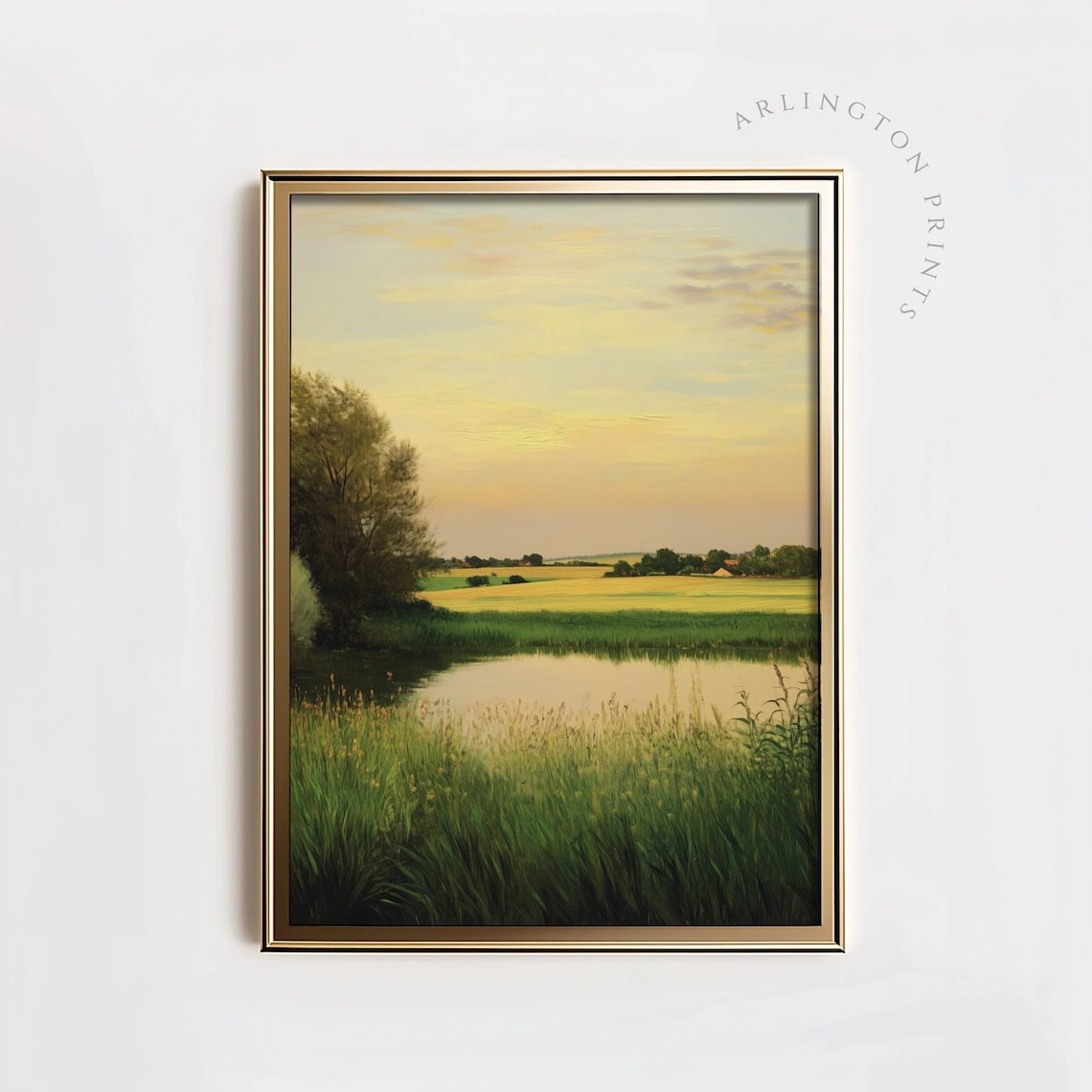 Golden Hour Sunset Over Lake and Meadow Landscape Oil Painting Poster