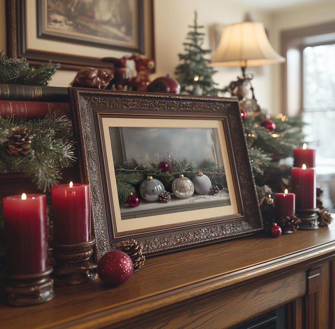 Gray White Christmas Baubles Pine Moody Winter Holiday Wall Print - Image 4