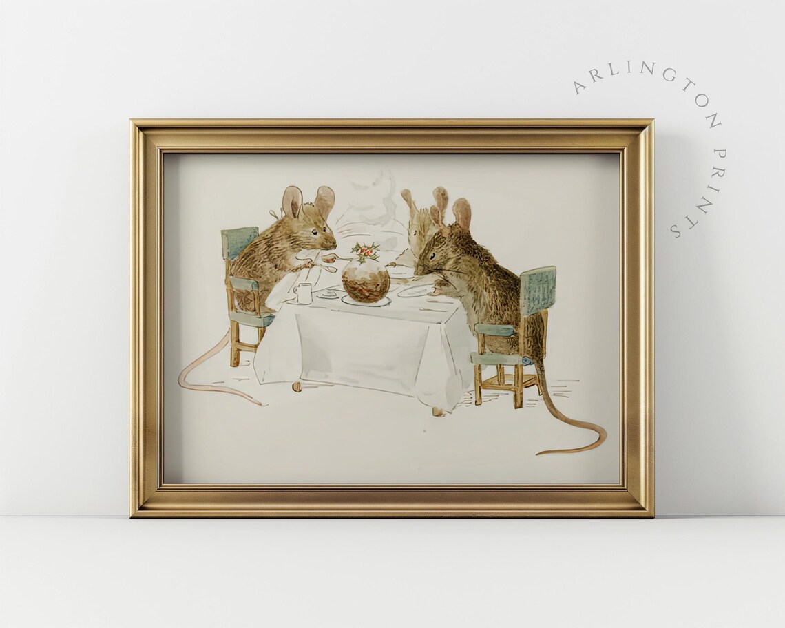 Three Hungry Mice at Dinner Table Antique Animal Watercolor Poster