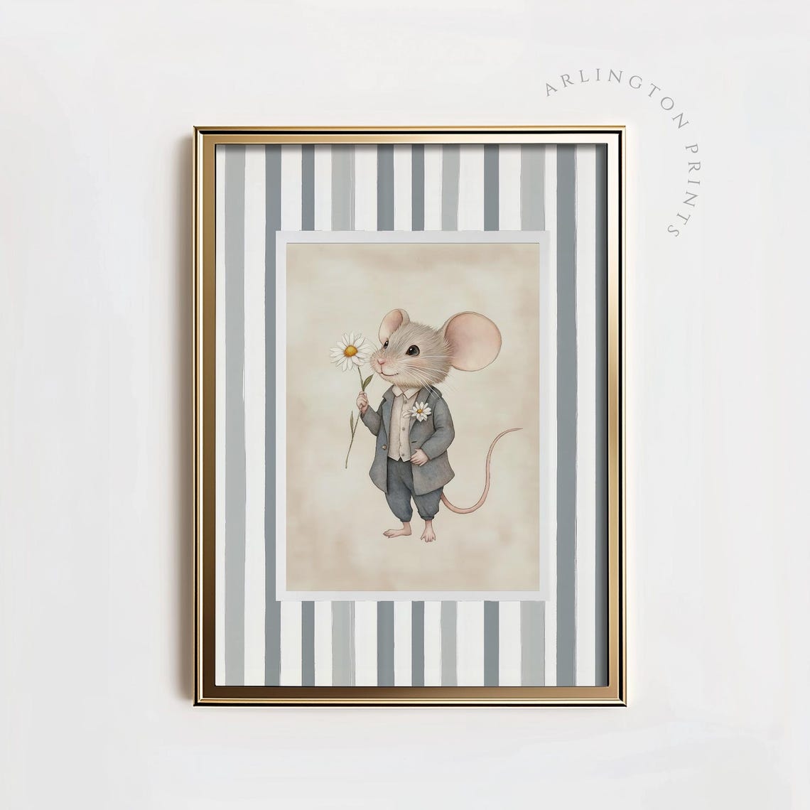 Dapper Gentleman Mouse In Gray Suit Holding Daisies Nursery Poster