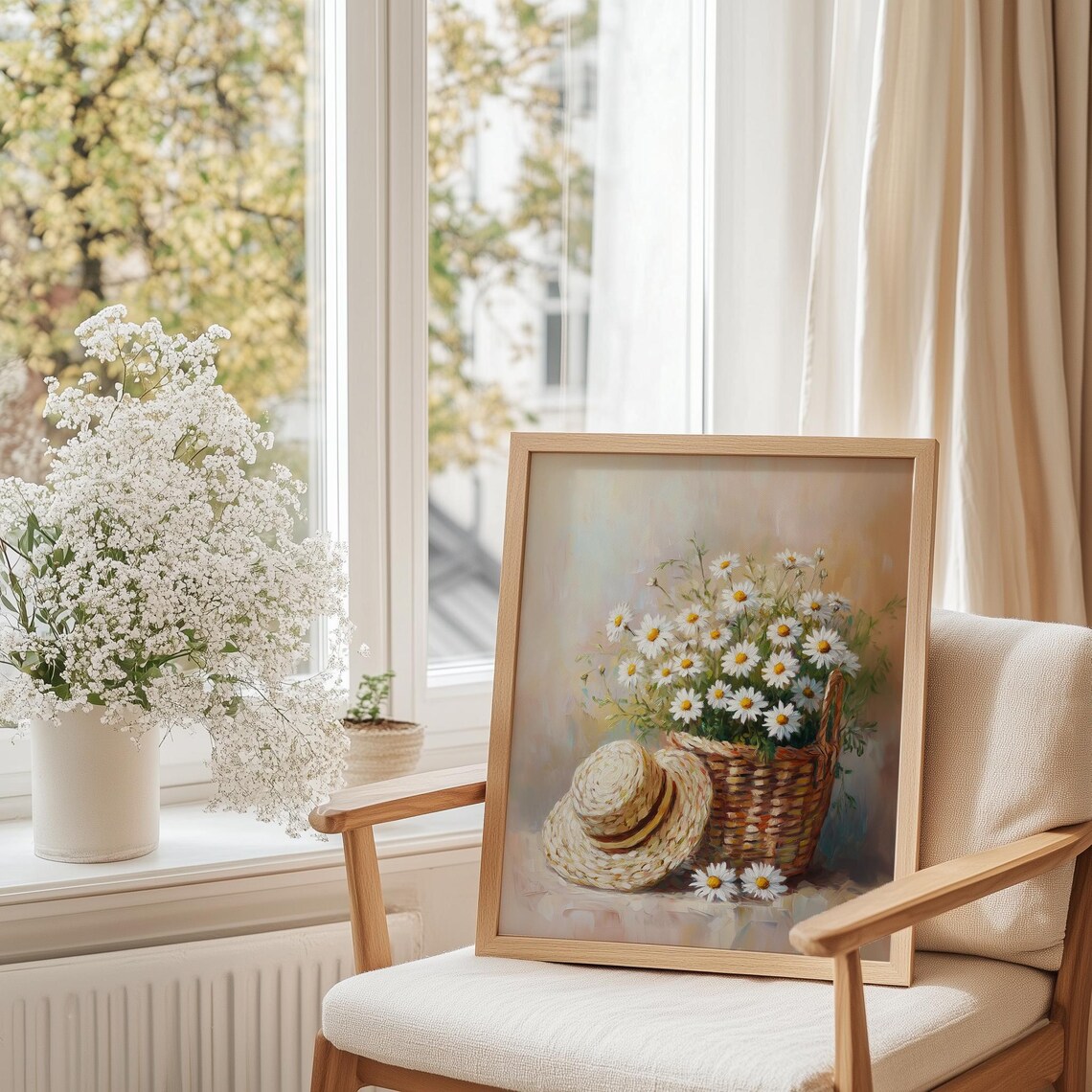Daisy Basket Straw Hat Still Life Oil Painting Floral Art Print - Image 5