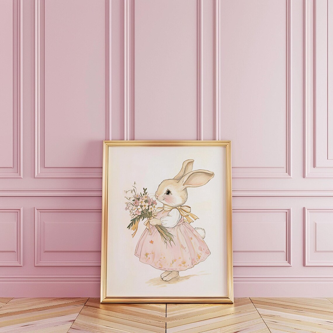 Bunny Girl in Pink Floral Dress Holding Bouquet Nursery Art Poster - Image 4