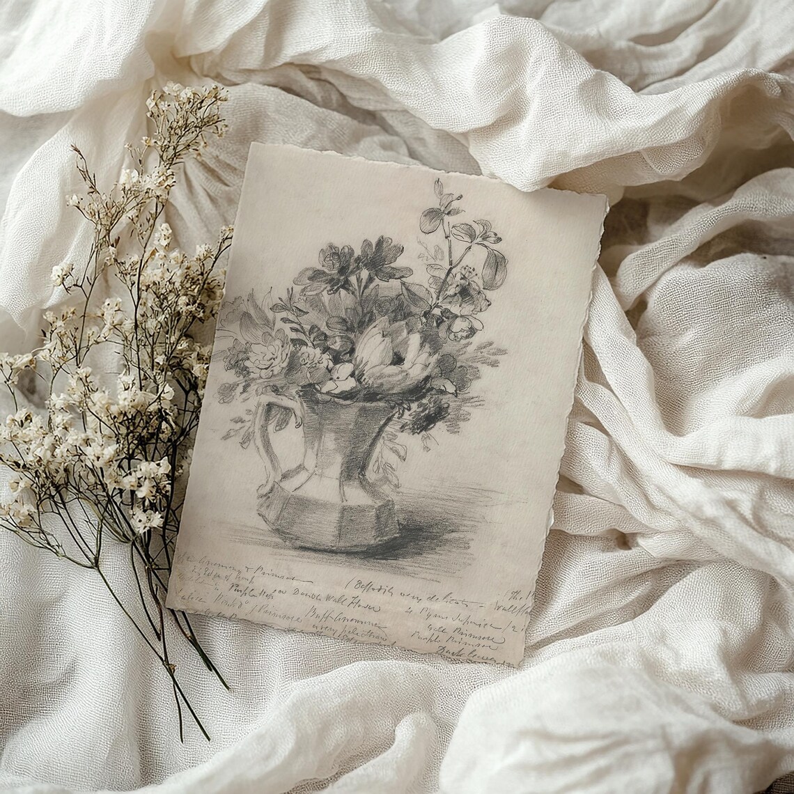 Vintage Floral Sketch Flowers In Pitcher Pencil Art Wall Print - Image 3