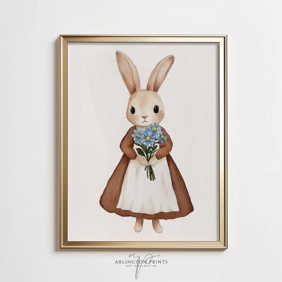Cute Bunny in Dress Holding Blue Flowers Watercolor Nursery Art Poster