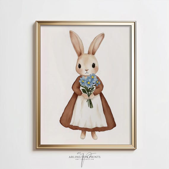 Cute Bunny Nursery Art Print Kids Room Wall Art Vintage Style Nursery Art Neutral Rabbit Floral Painting A4191