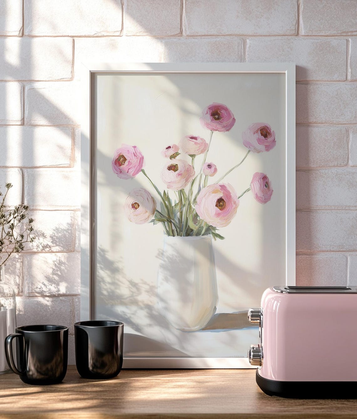 Pink Ranunculus White Vase Loose Oil Painting Floral Art Print - Image 4