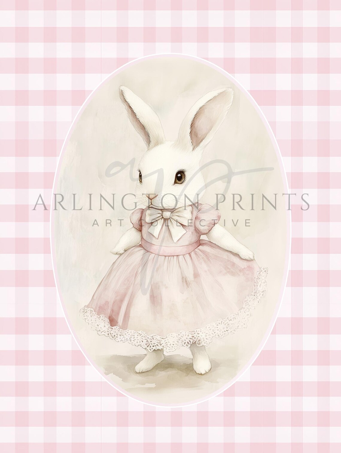 Sweet Pink Gingham Bunny in Tutu Dress Girls Nursery Decor Poster - Image 2