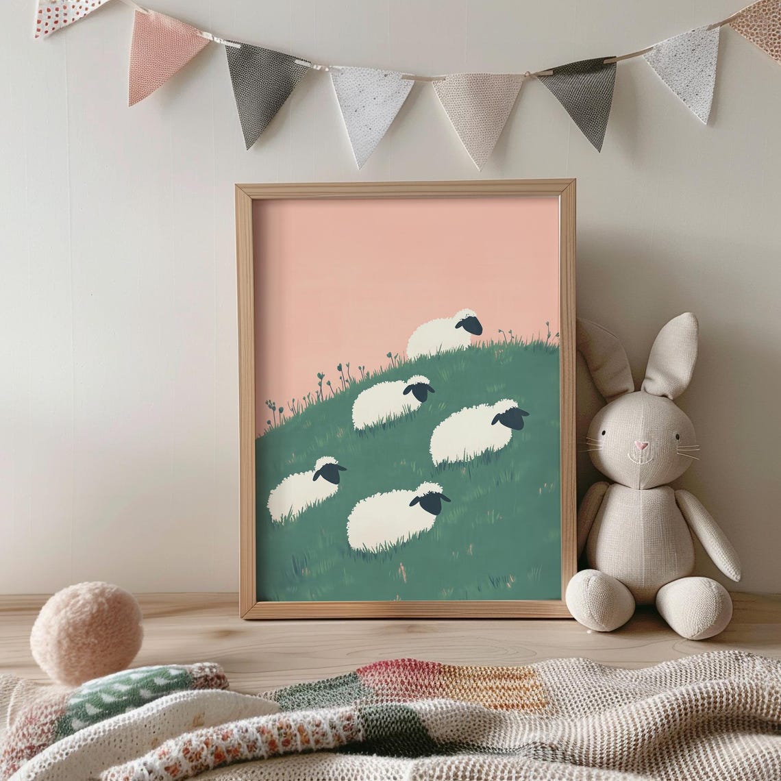 Five Sheep Grazing On Green Hillside Soft Pink Sky Kids Poster - Image 5