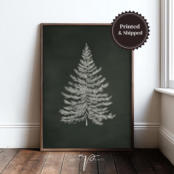 Minimalist Pine Tree Sketch On Dark Green Christmas Wall Art