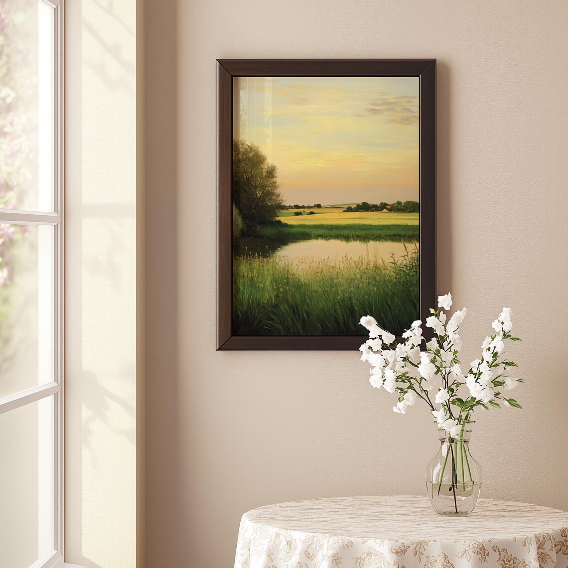 Golden Hour Sunset Over Lake and Meadow Landscape Oil Painting Poster - Image 4