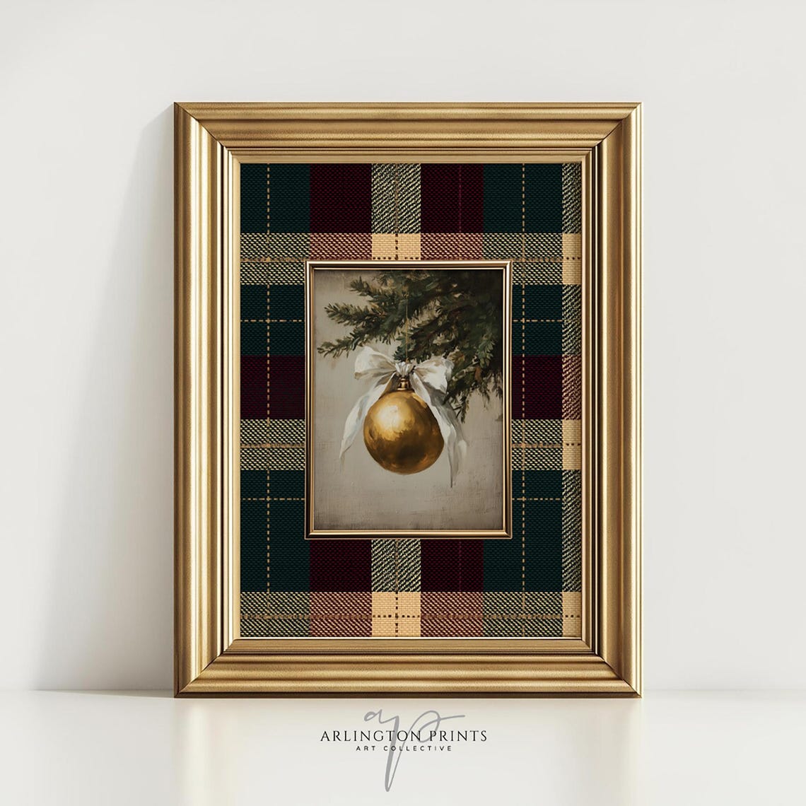 Gold Christmas Ornament Plaid Tartan Vintage Holiday Art Print