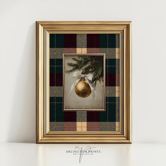 Gold Christmas Ornament Plaid Tartan Vintage Holiday Art Print