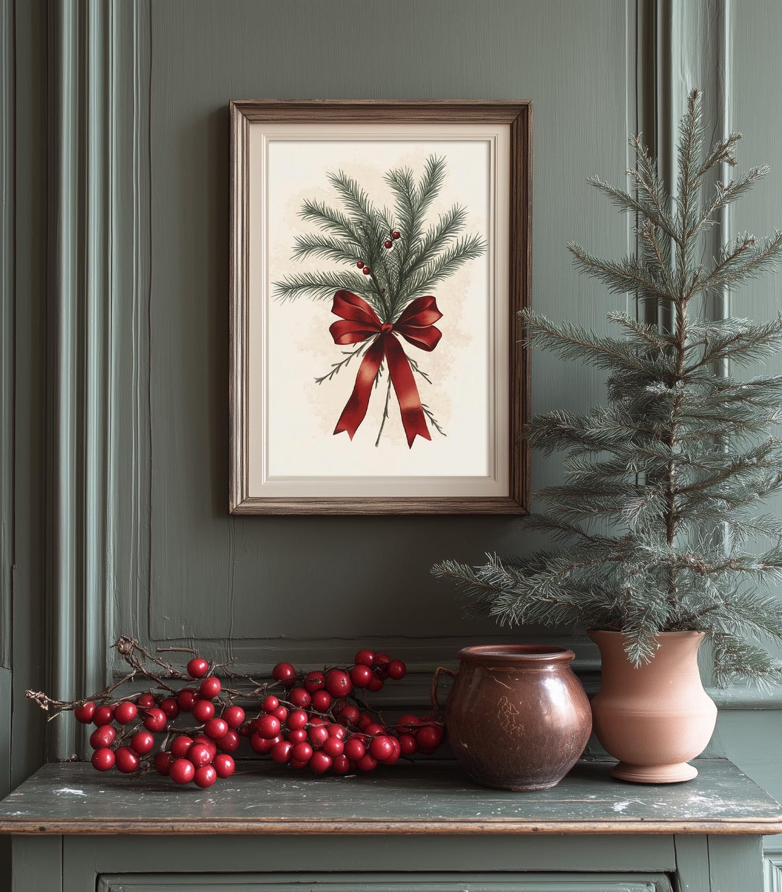 Evergreen Fir Branch Bundle Red Berries Big Red Bow Holiday Poster - Image 2