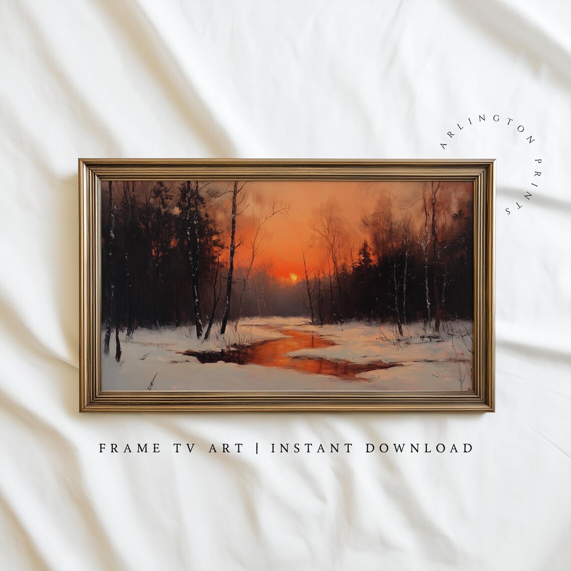 Winter Sunset Snowy Forest Oil Painting Orange Glow Landscape Poster