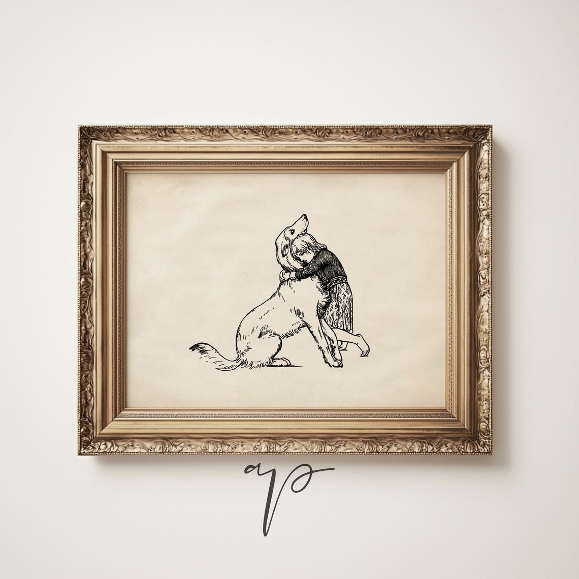 Vintage Nursery Art Print Girl And A Dog Print Farmhouse Wall Decor Neutral Kids Room Country Art T9212