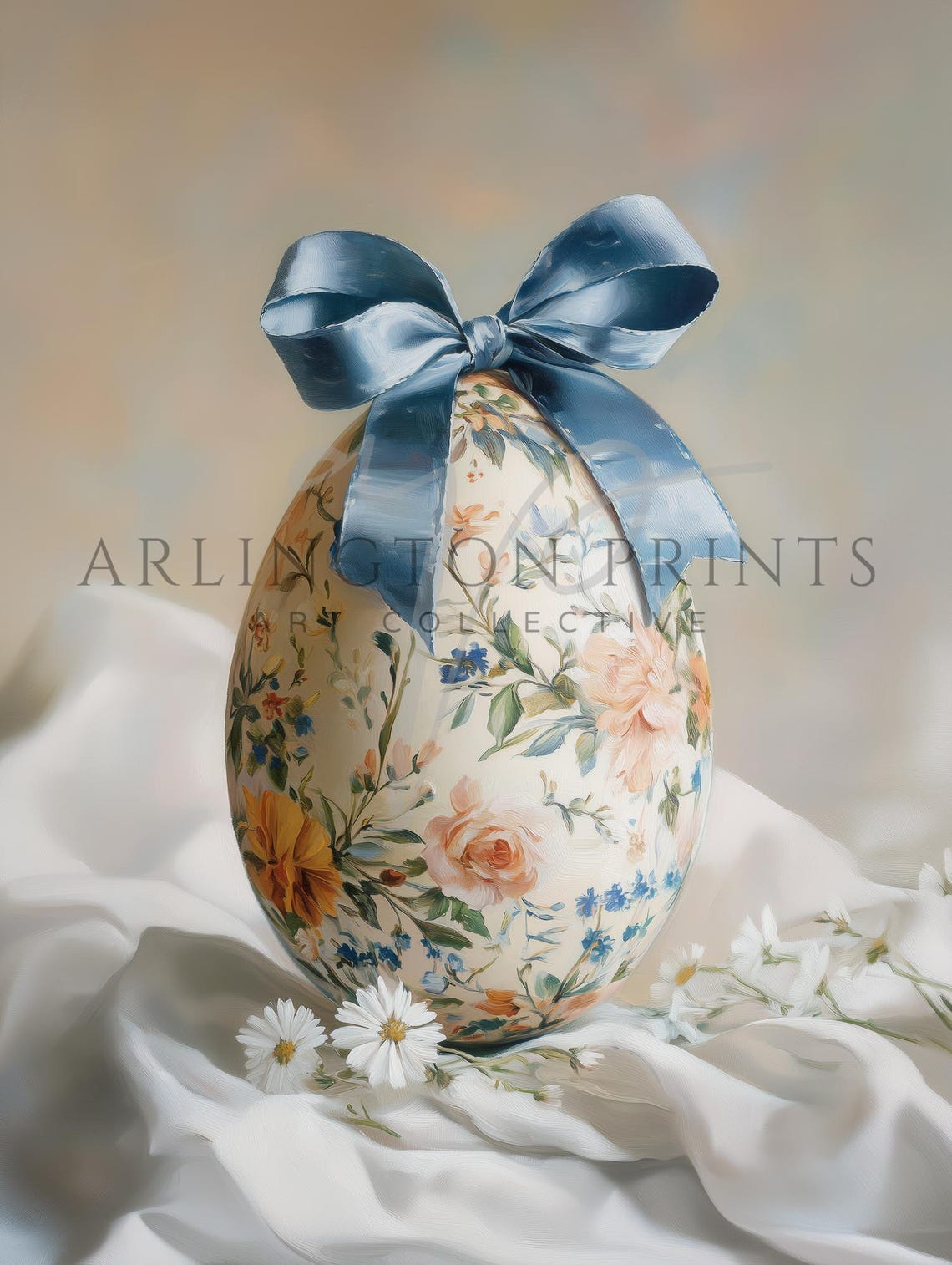 Floral Easter Egg with Blue Satin Bow on White Silk Still Life Poster - Image 2