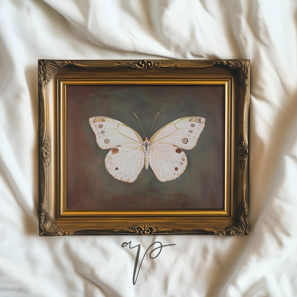 White Butterfly Gold Veined Wings Moody Dark Nature Art Print - Image 4