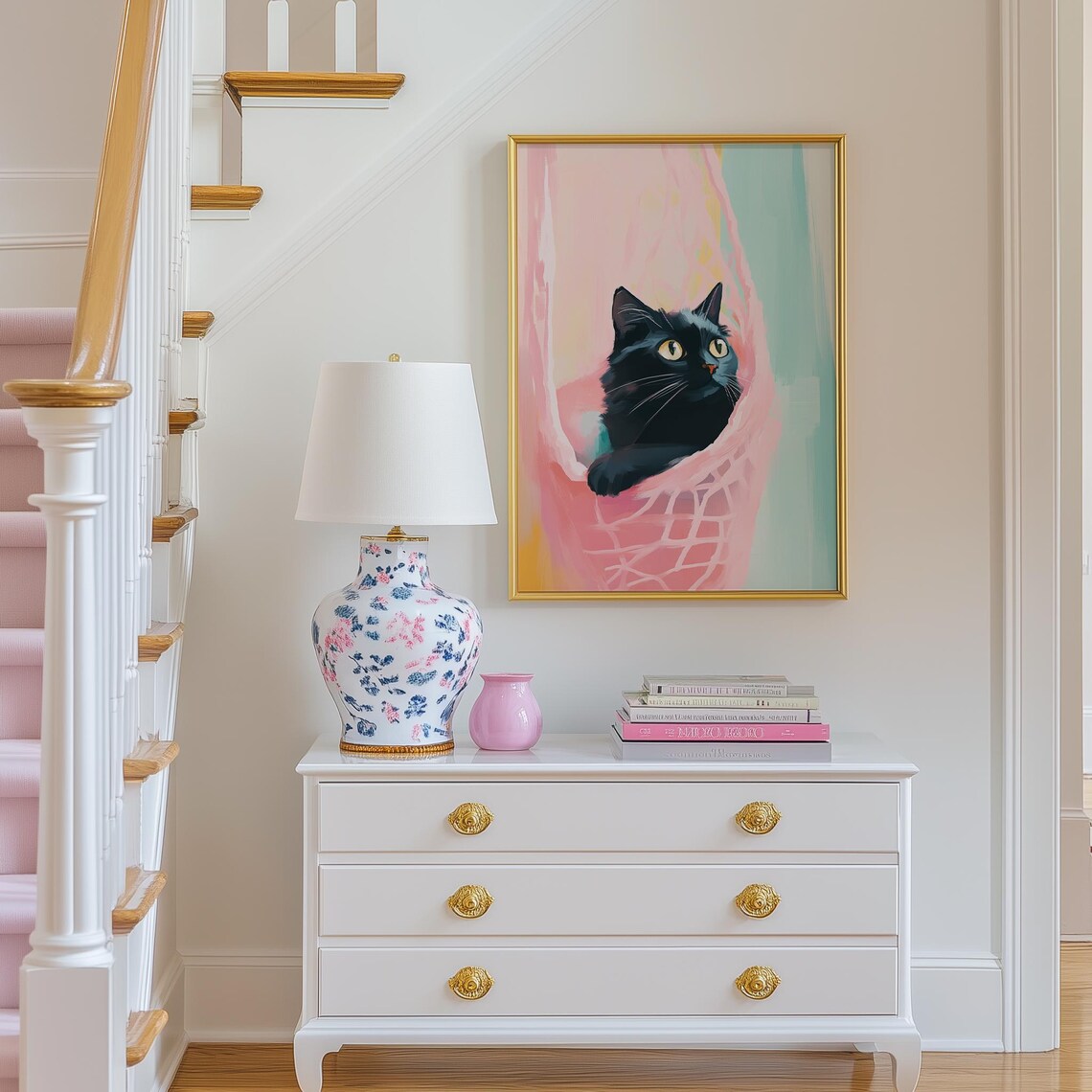 Black Kitten In Pink Hammock Colorful Whimsical Cat Art Poster - Image 4
