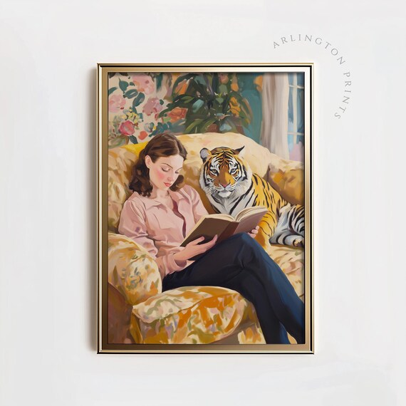 Woman Reading With Tiger On Floral Couch Whimsical Art Poster