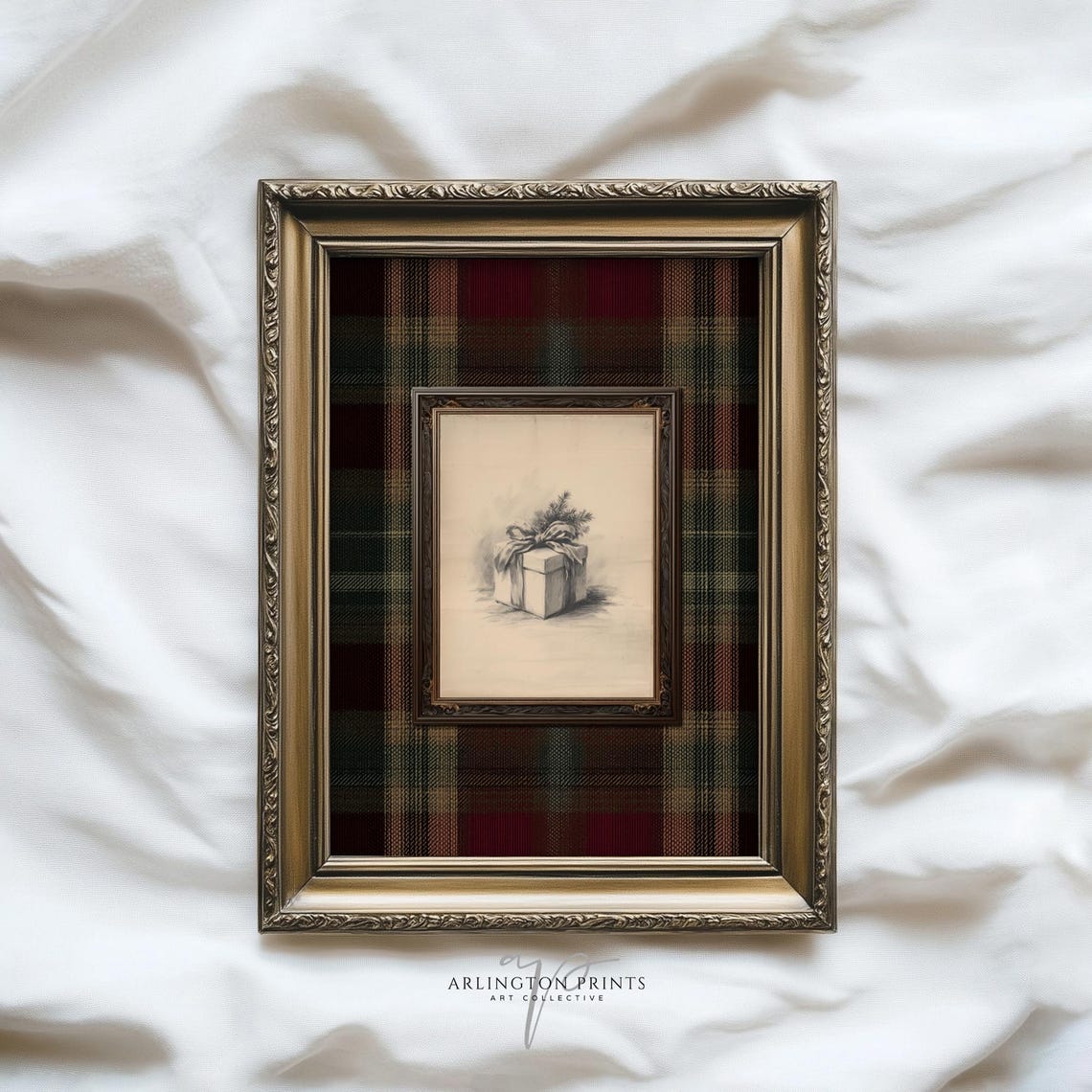 Christmas Gift Box Sketch On Plaid Vintage Holiday Frame Poster