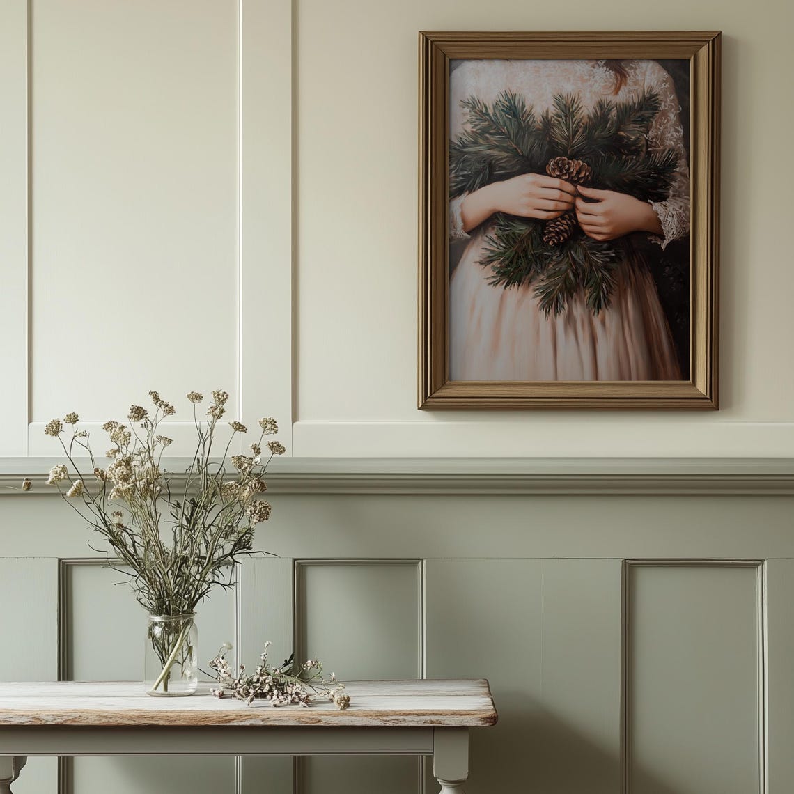 Hands Holding Pinecones Evergreen Vintage Christmas Wall Print - Image 3