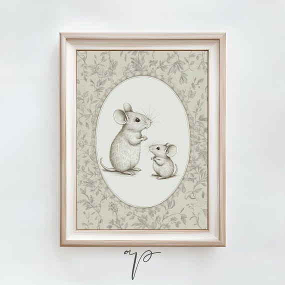 Cute Mice Art Print Whimsical Baby Mouse Drawing Farmhouse Nursery Wall Art Grandmillenial Nursery Rustic Animal Decor Ta42