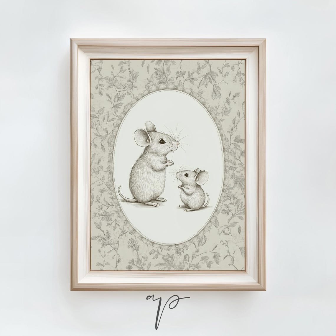 Vintage Pencil Sketch Of Two Mice On Floral Toile Nursery Poster