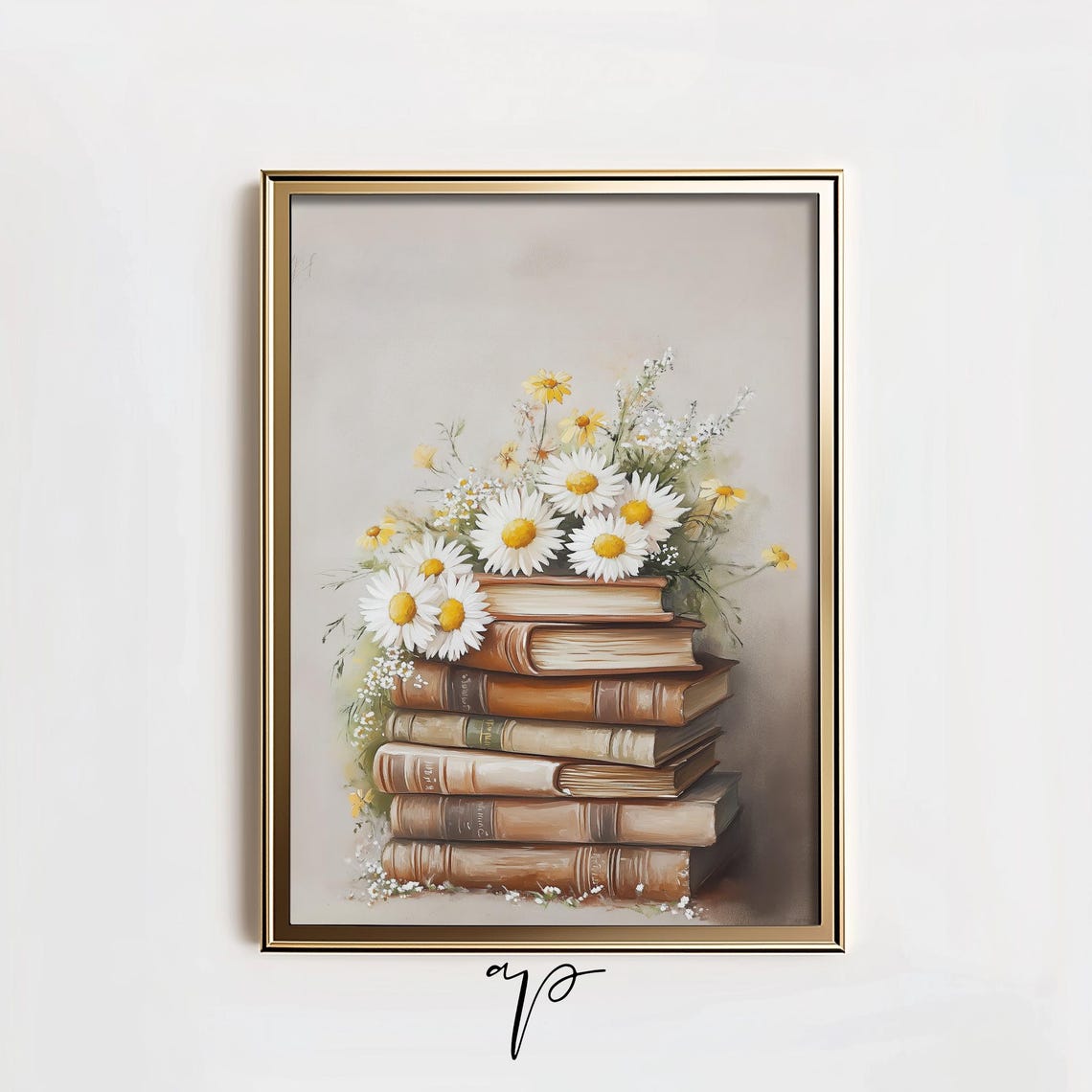 Vintage Books Daisy Bouquet Still Life Library Decor Art Print - Image 3