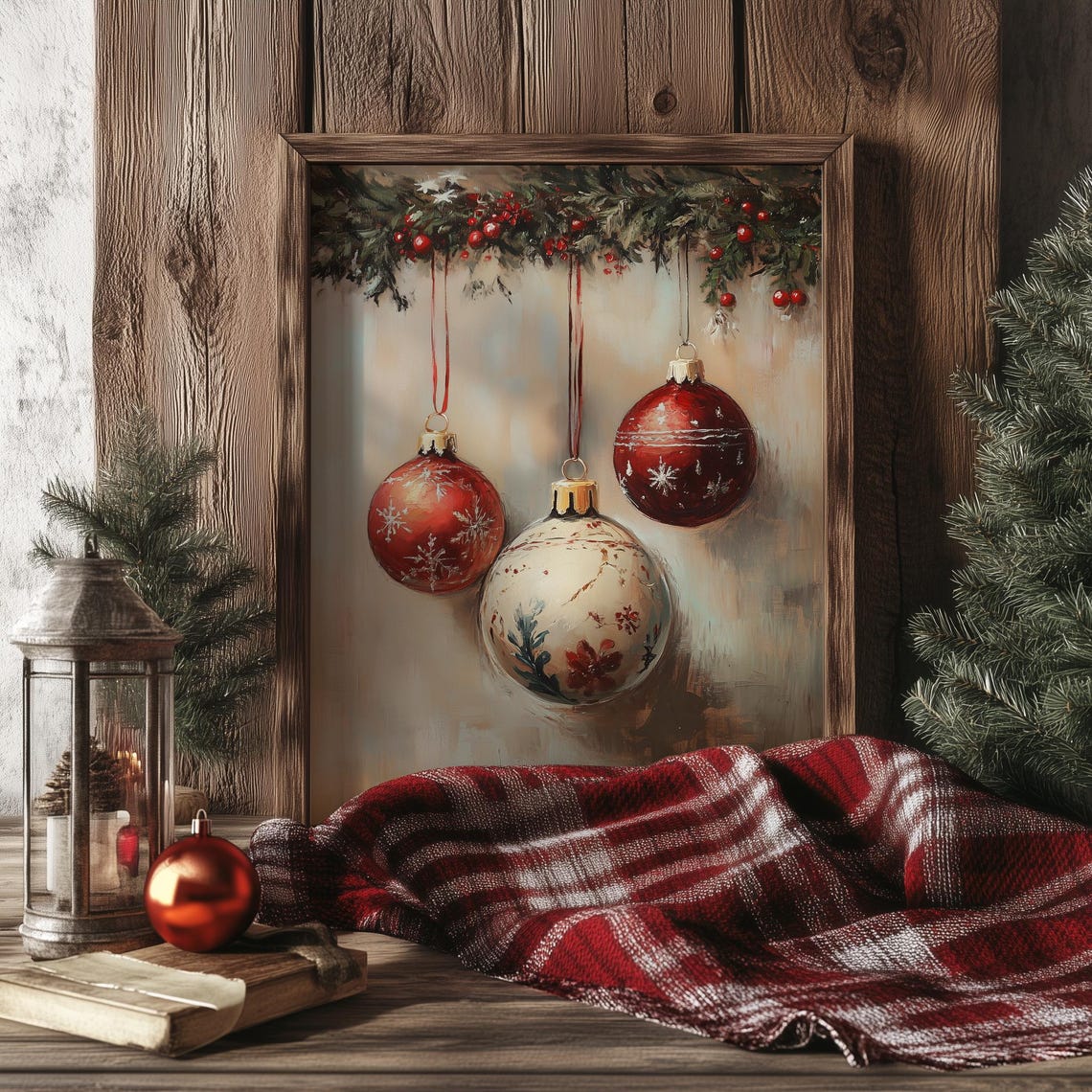 Red White Vintage Christmas Baubles Garland Rustic Holiday Wall Print - Image 3
