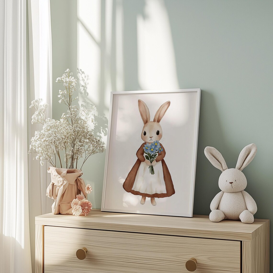 Cute Bunny in Dress Holding Blue Flowers Watercolor Nursery Art Poster - Image 3
