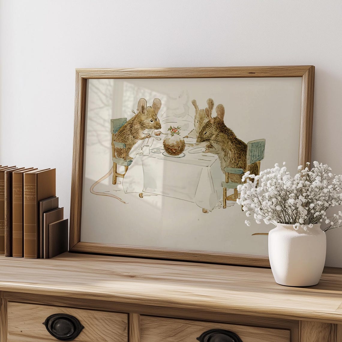Three Hungry Mice at Dinner Table Antique Animal Watercolor Poster - Image 4