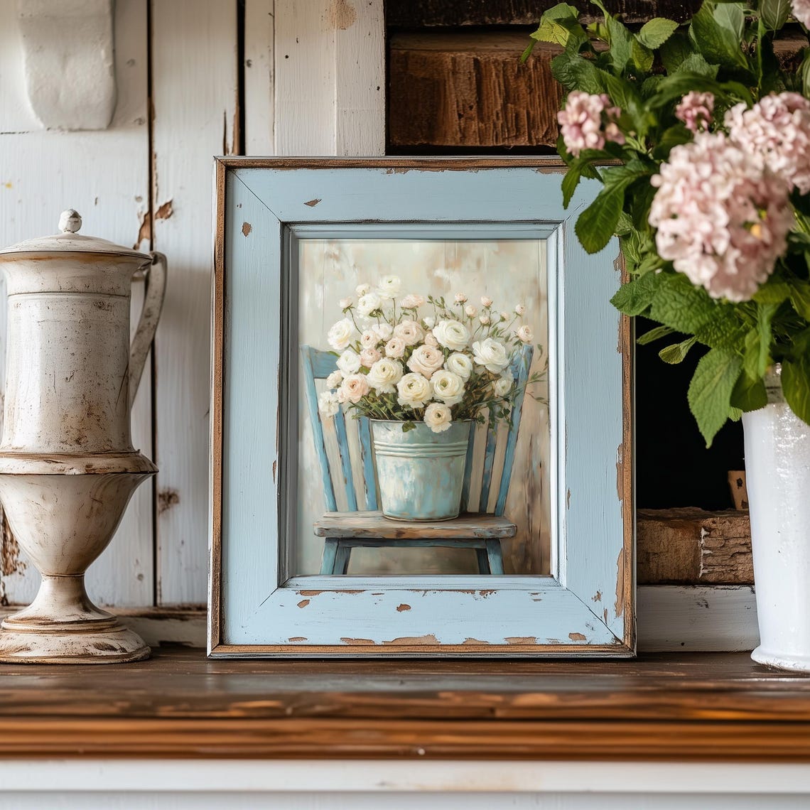 White Ranunculus Bouquet in a Blue Bucket on a Rustic Chair Art Poster - Image 4