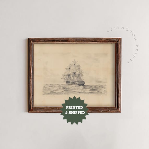 Vintage Battleship Art Print, Antique Nautical Sketch