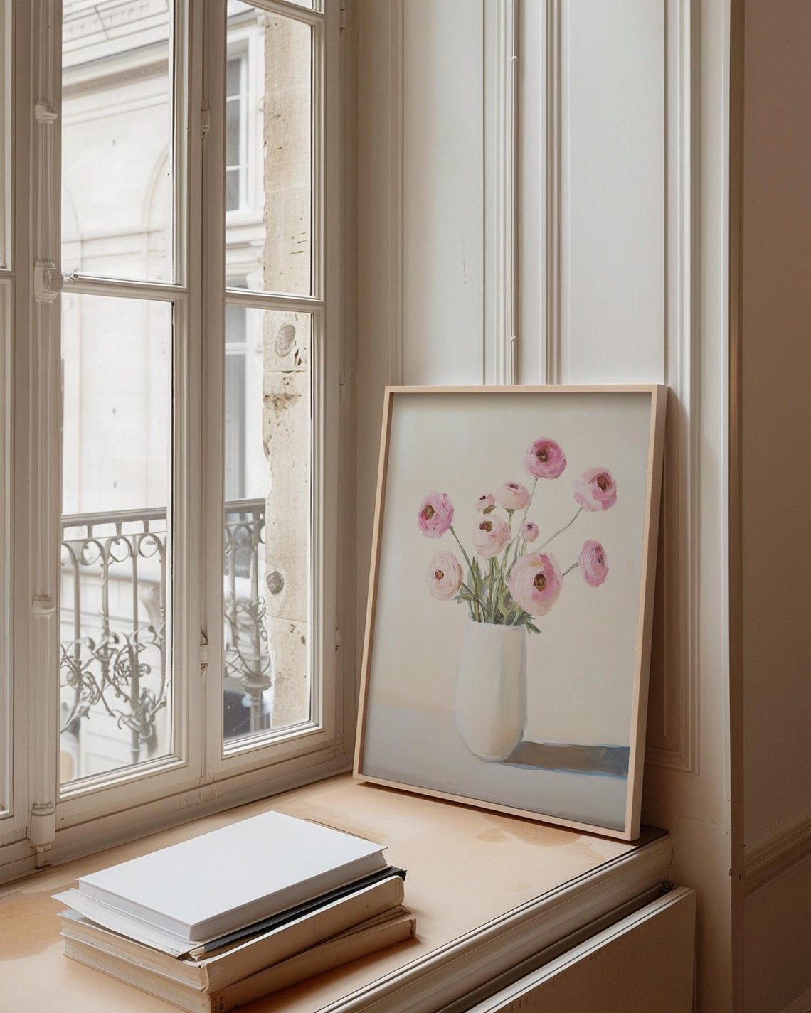 Pink Ranunculus White Vase Loose Oil Painting Floral Art Print - Image 5