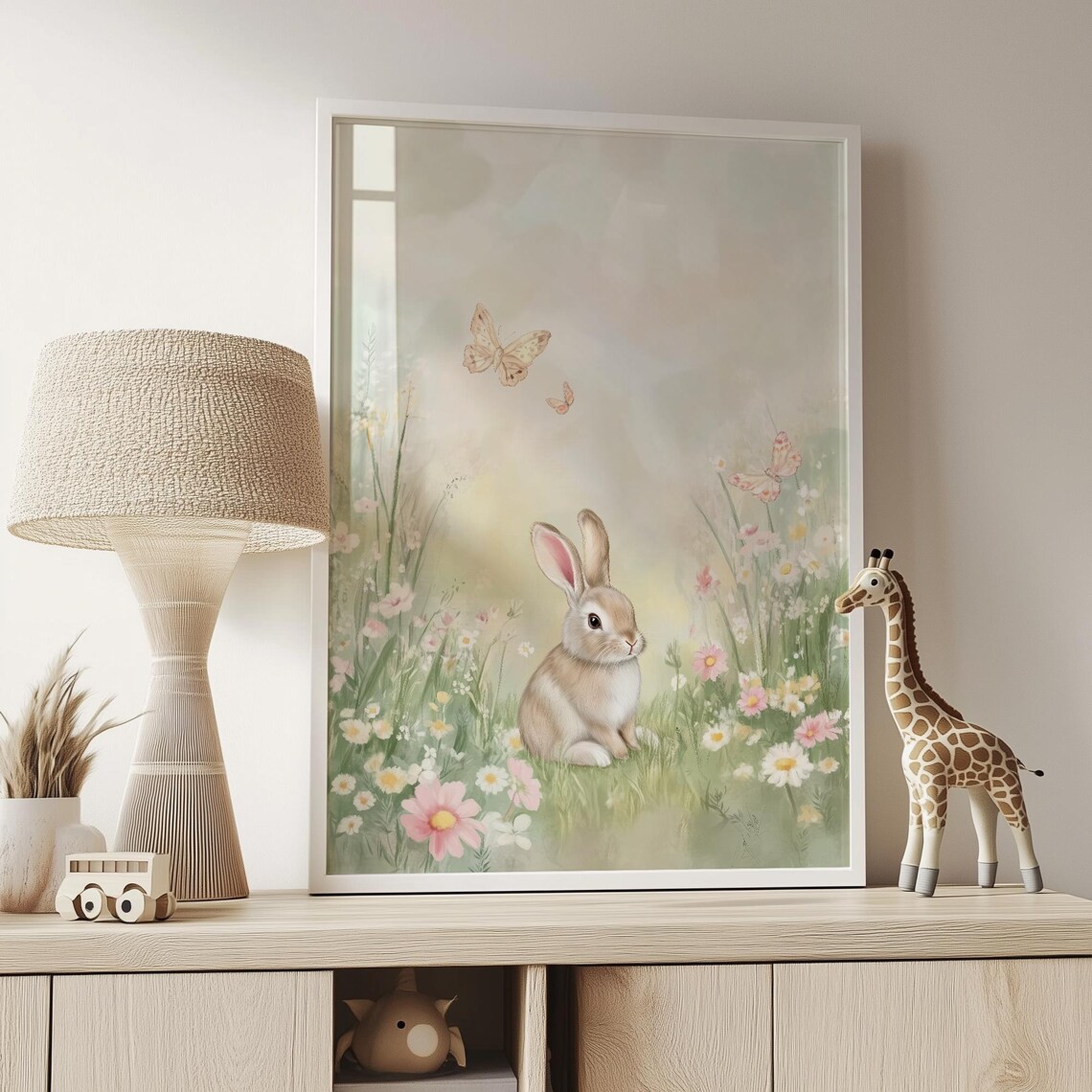 Baby Bunny in Wildflower Meadow with Butterflies Soft Nursery Print - Image 4