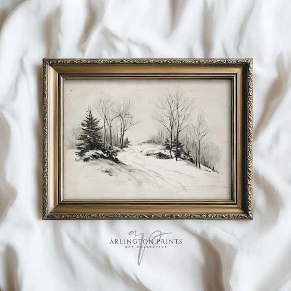 Vintage Winter Forest Drawing, Snowy Landscape Art Print