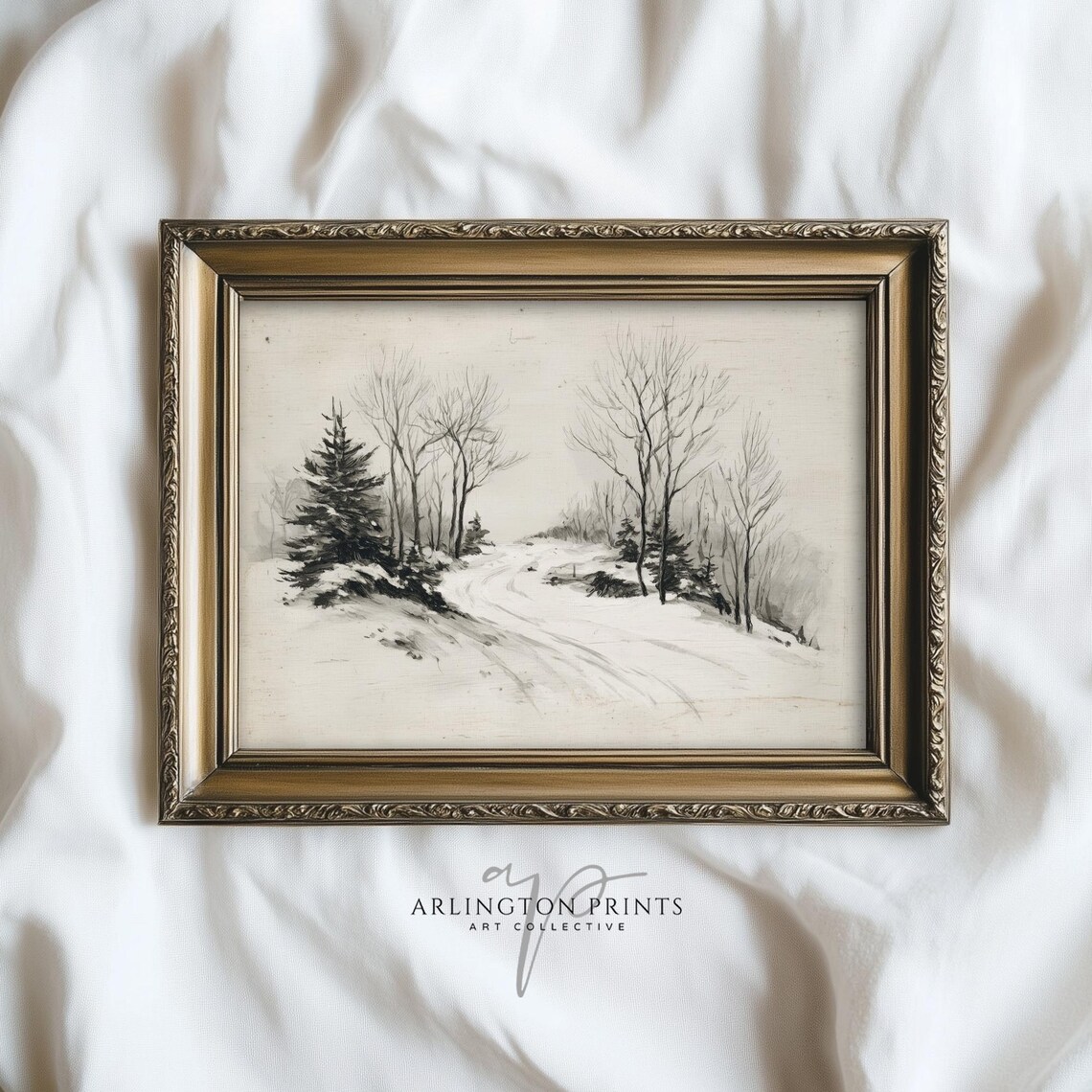 Vintage Winter Forest Drawing, Snowy Landscape Art Print