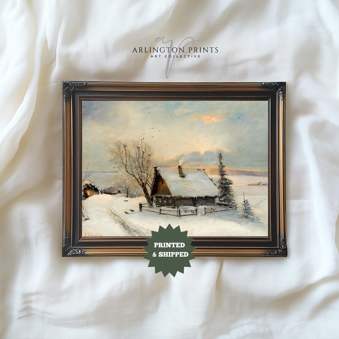 Snowy Country Cabin Winter Sunset Landscape Vintage Painting Poster
