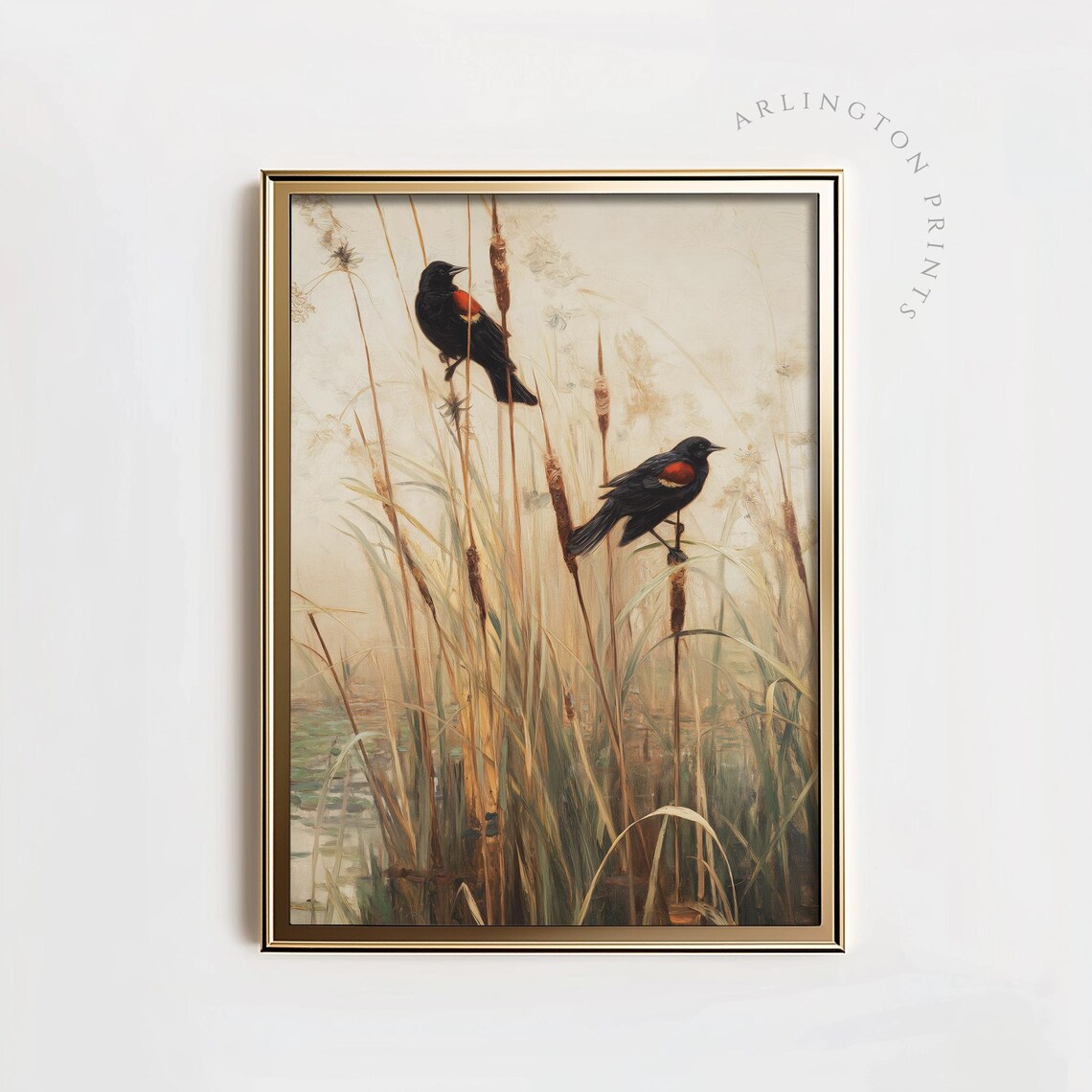 Blackbird Marsh Art Print, Rustic Cottage Garden