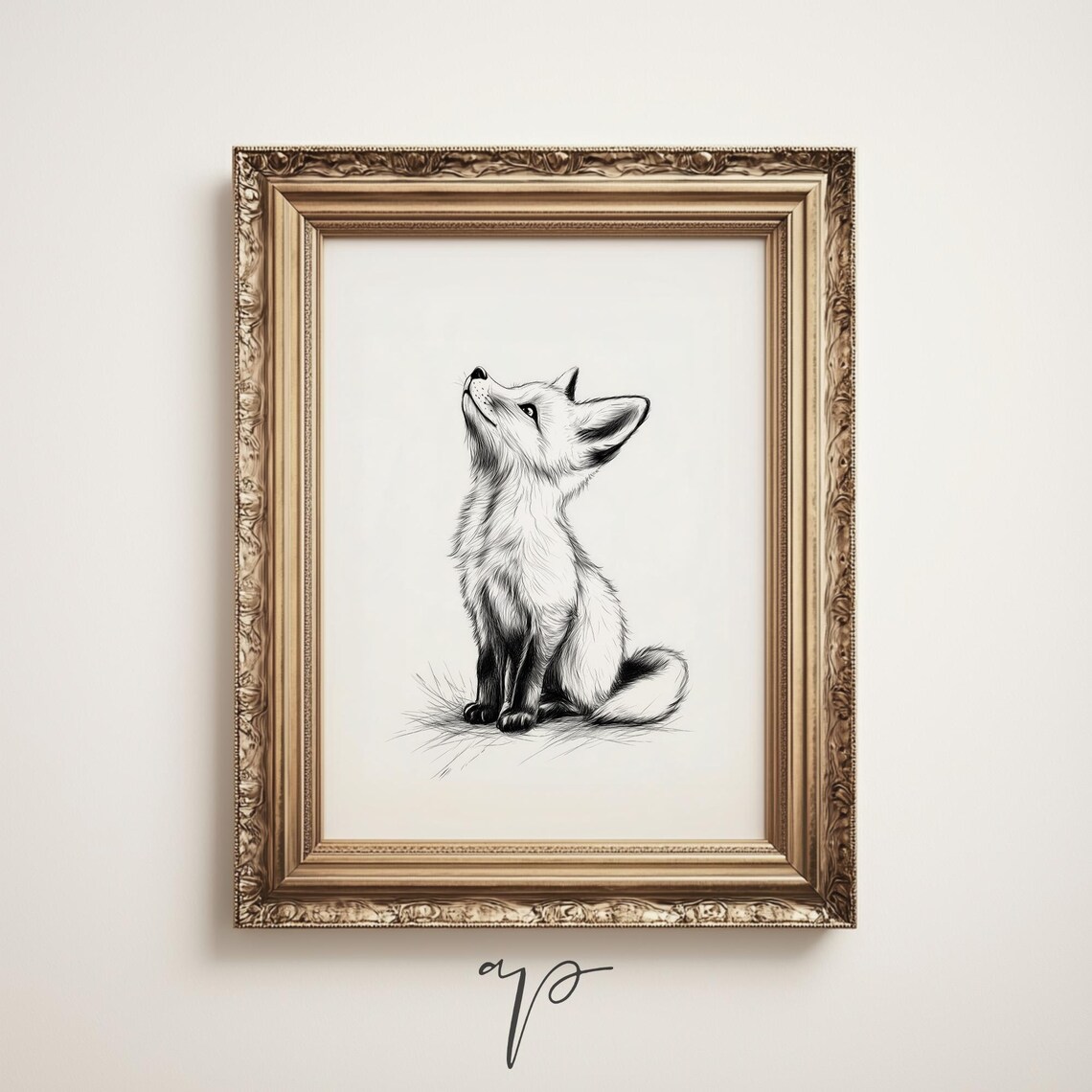 Woodland Fox Cub Looking Up Black Ink Sketch Minimalist Animal Print