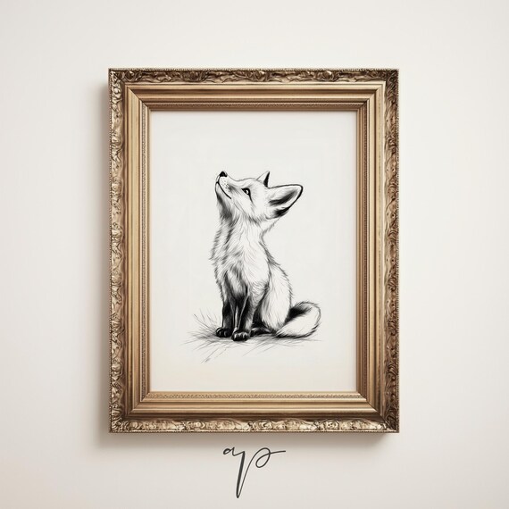 Woodland Fox Cub Looking Up Black Ink Sketch Minimalist Animal Print