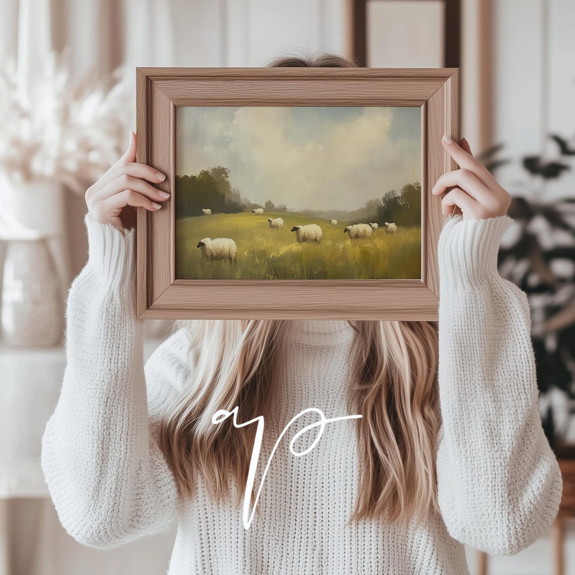 Sheep Grazing in Golden Meadow Soft Pastoral Landscape Oil Print - Image 4