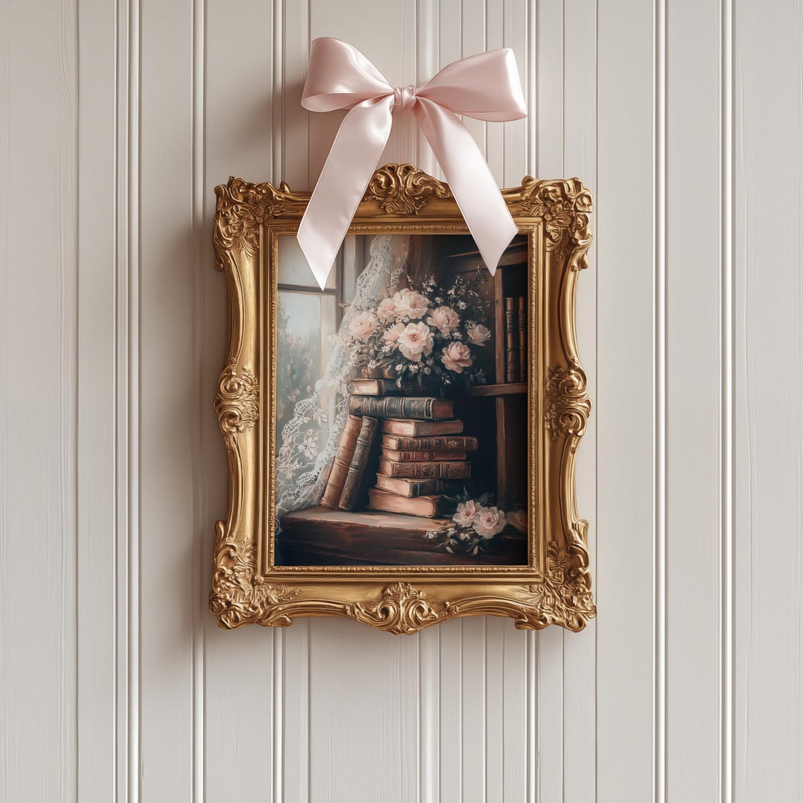 Vintage Books Stack with Pink Flowers by Window Cozy Library Print - Image 3