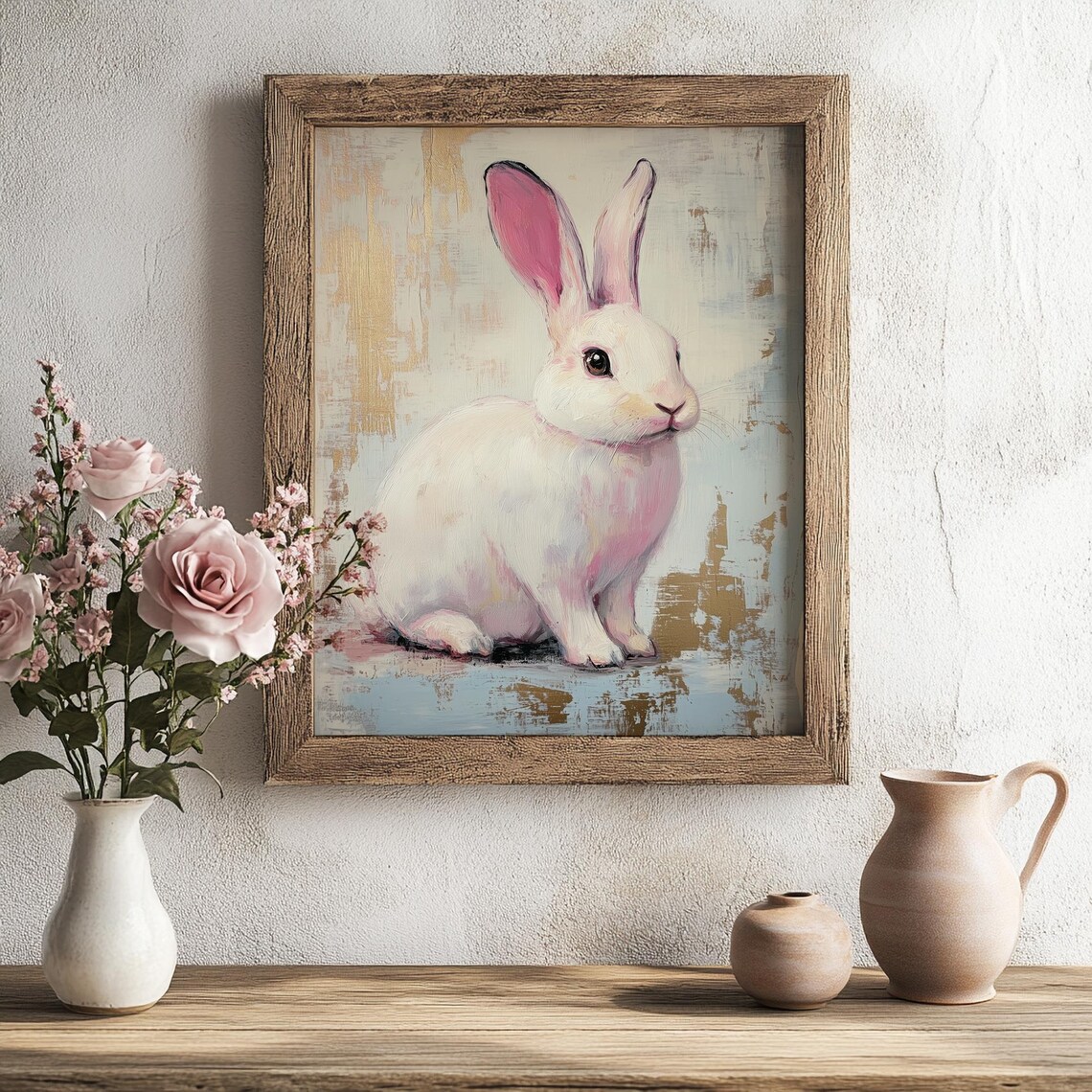 White Bunny With Pink Ears Vintage Gold Abstract Nursery Poster - Image 2