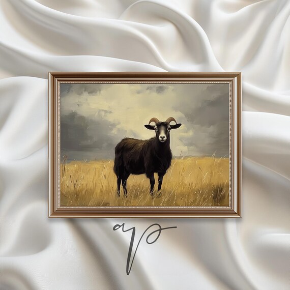 Vintage Goat Painting Moody Brown Goat Cottagecore Farmhouse Art Print Oil Painting French Country Art Pastoral Decor Ca55
