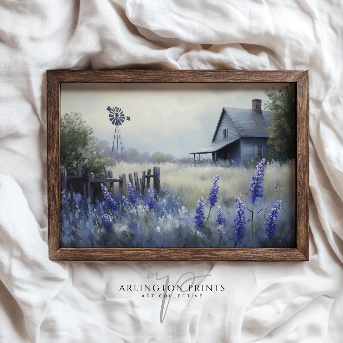 Farmhouse Windmill Lupine Wildflower Field Spring Landscape Art Poster - Image 4